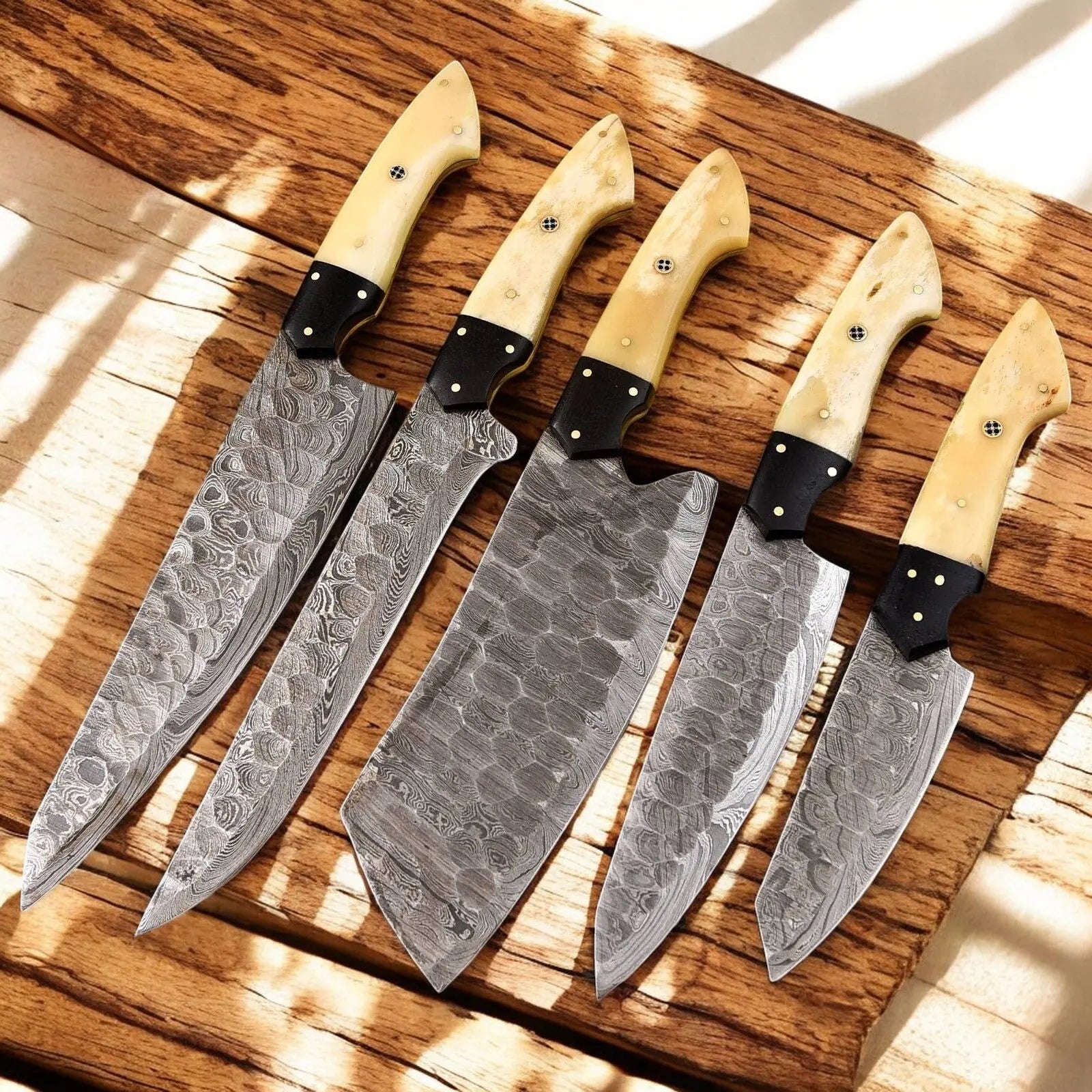 Handmade Damascus Kitchen Knives Set | Bone & Horn Handles by Damascus Knife Store, Southern handmade gift main product photo