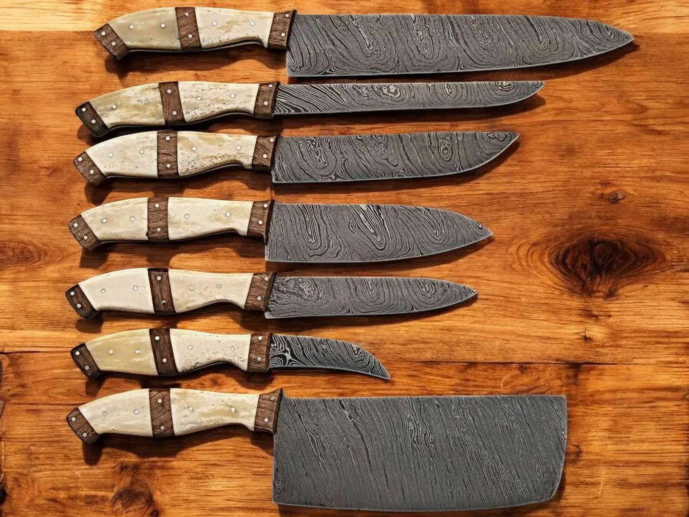 Handmade Damascus Kitchen Knives Set – Bone & Rosewood by Damascus Knife Store, Southern handmade gift main product photo