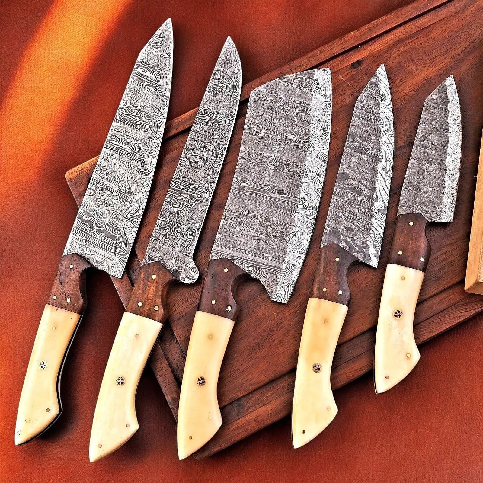 Handmade Damascus Kitchen Knives Set – Bone & Rosewood by Damascus Knife Store, Southern handmade gift detail photo 2