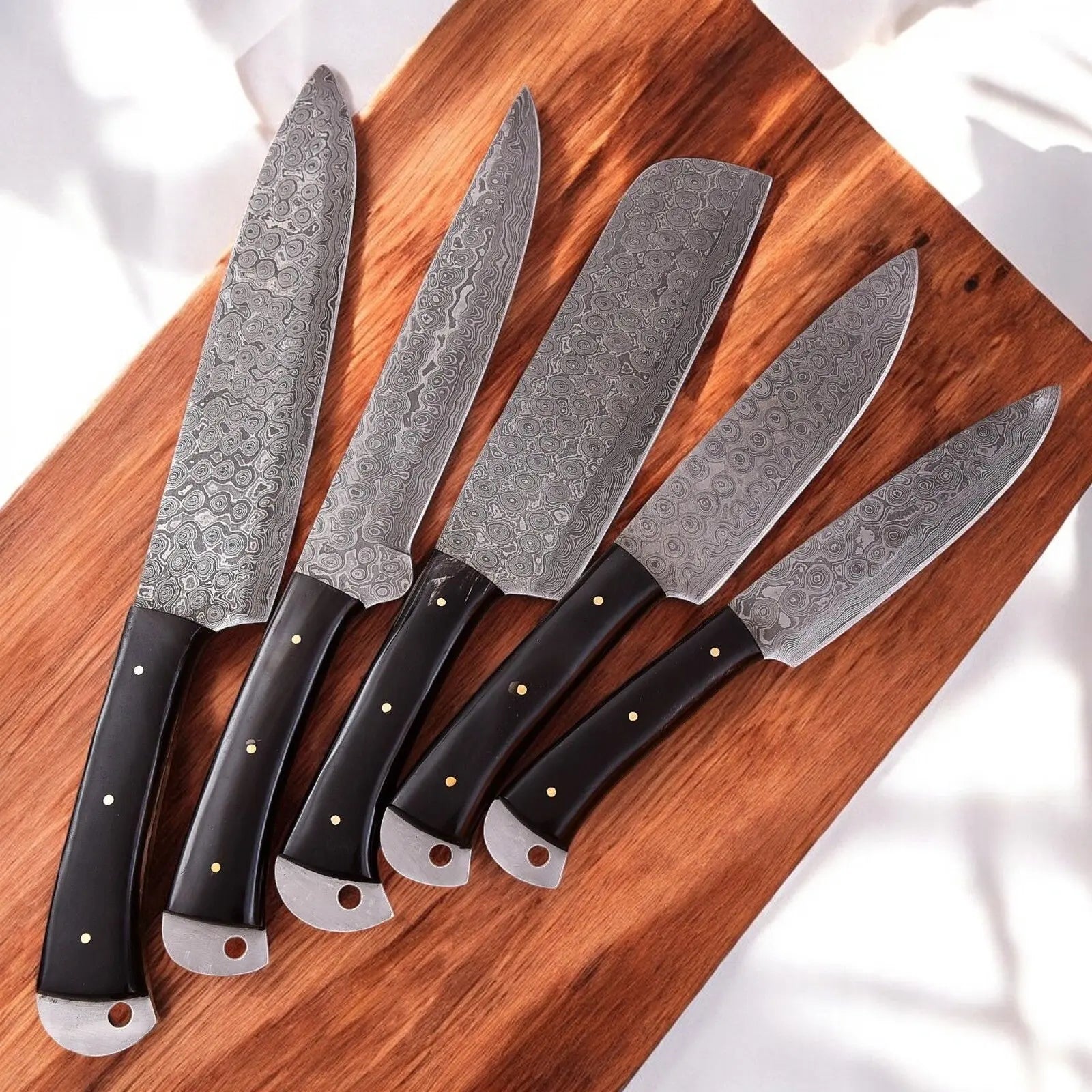 Handmade Damascus Kitchen Knives Set – Buffalo Horn Handle by Damascus Knife Store, Southern handmade gift main product photo