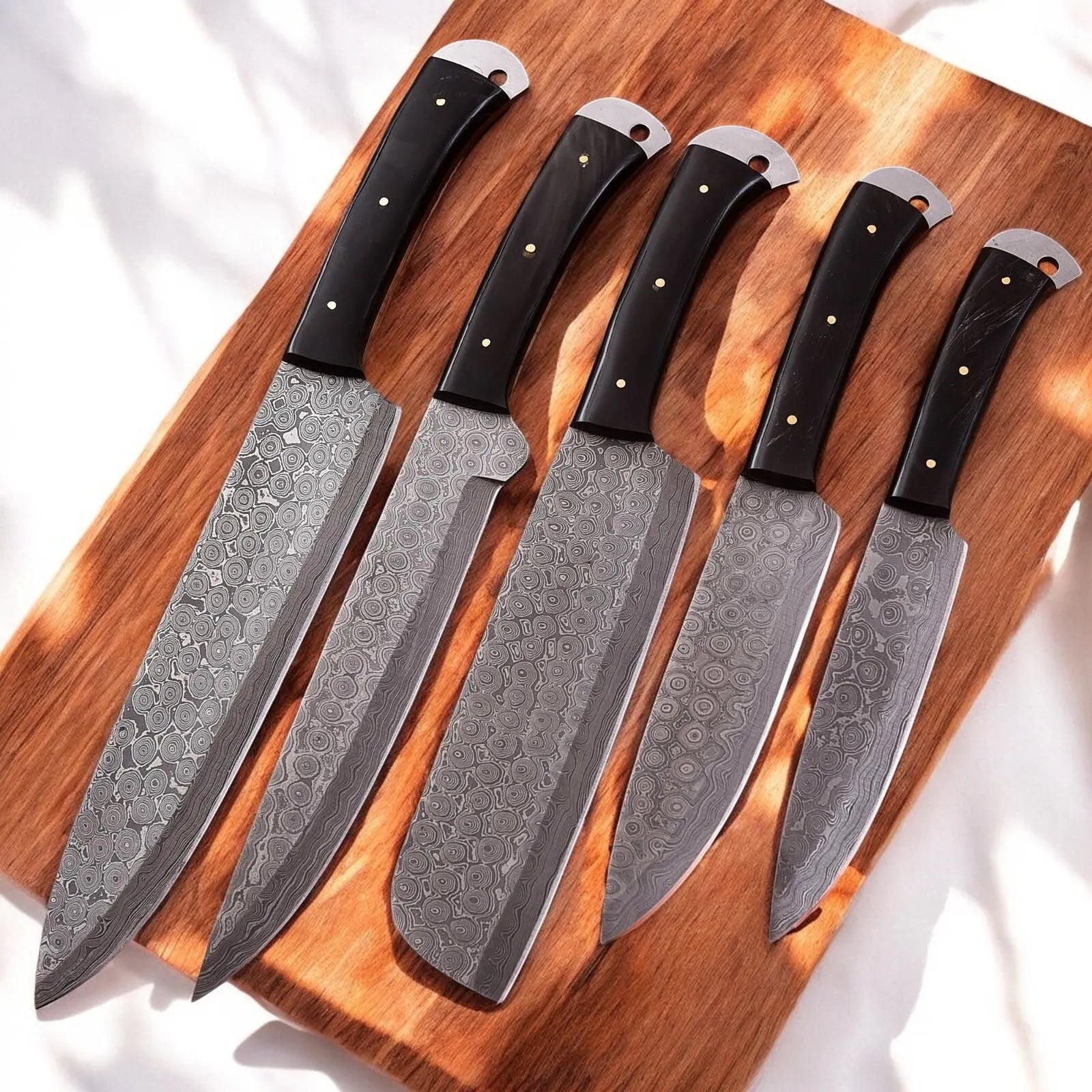 Handmade Damascus Kitchen Knives Set – Buffalo Horn Handle by Damascus Knife Store, Southern handmade gift detail photo 2