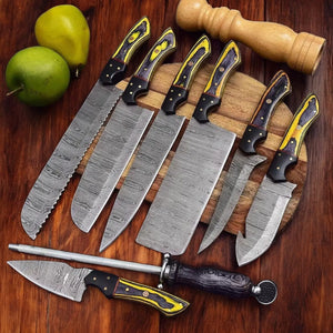 Handmade Damascus Kitchen Knives Set | Exotic Wood & Horn by Damascus Knife Store, Southern handmade gift main product photo