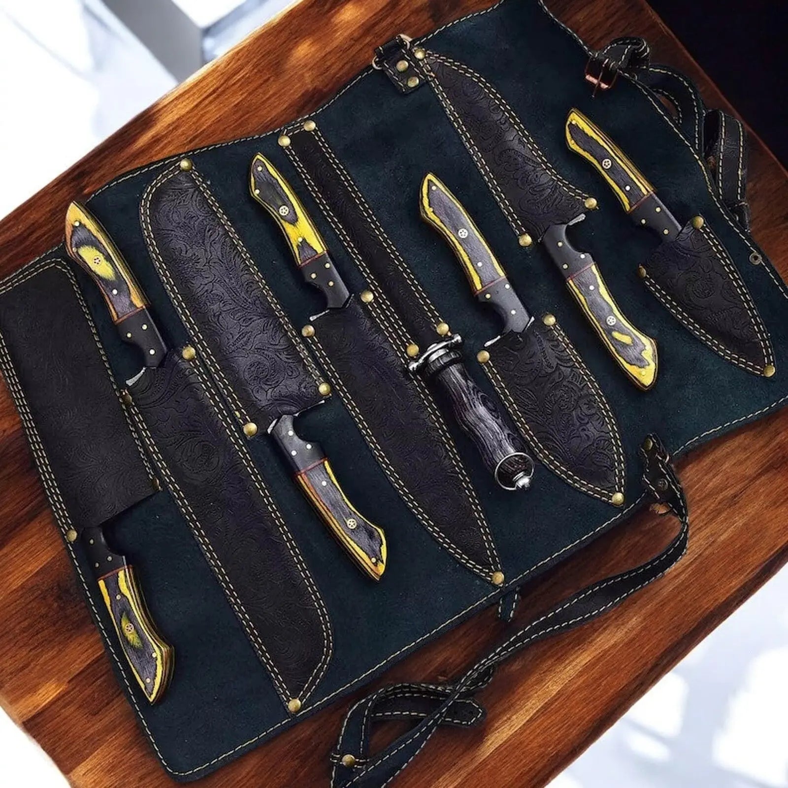 Handmade Damascus Kitchen Knives Set | Exotic Wood & Horn by Damascus Knife Store, Southern handmade gift detail photo 3