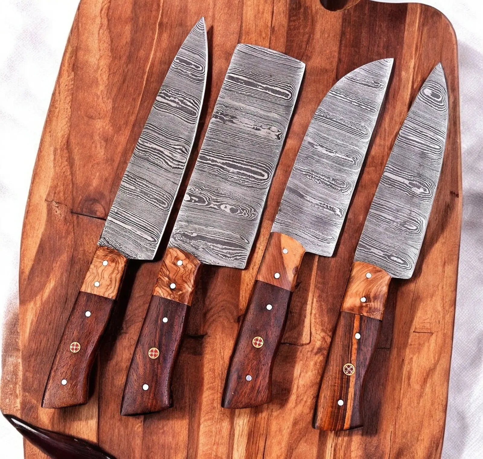 Handmade Damascus Kitchen Knives Set – Olive & Rosewood by Damascus Knife Store, Southern handmade gift main product photo