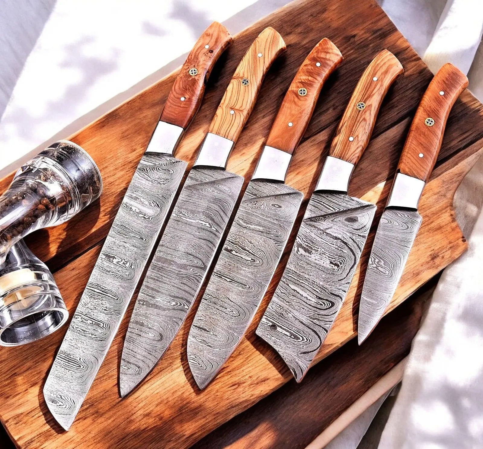 Handmade Damascus Kitchen Knives Set – Olivewood Handles by Damascus Knife Store, Southern handmade gift main product photo
