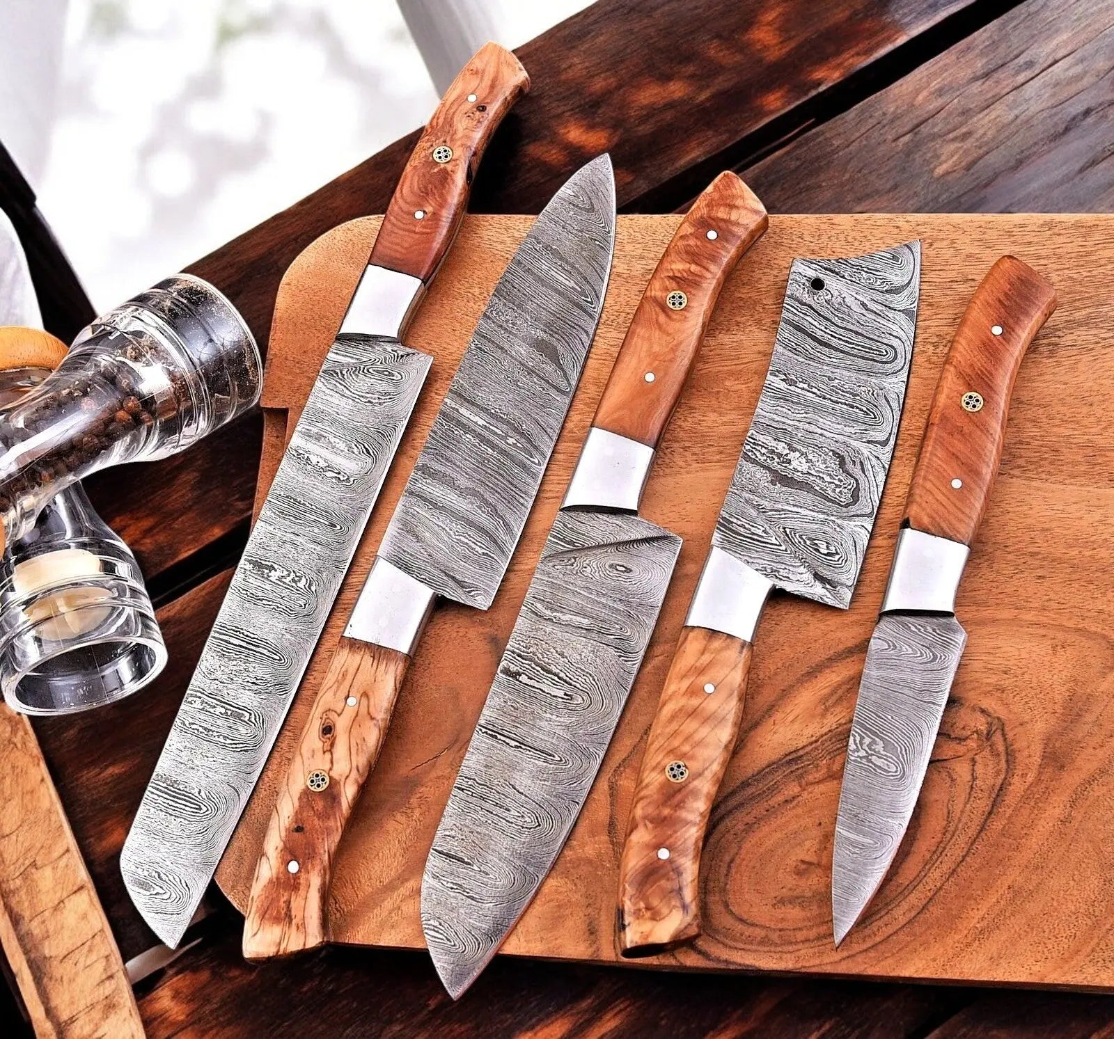 Handmade Damascus Kitchen Knives Set – Olivewood Handles by Damascus Knife Store, Southern handmade gift detail photo 2