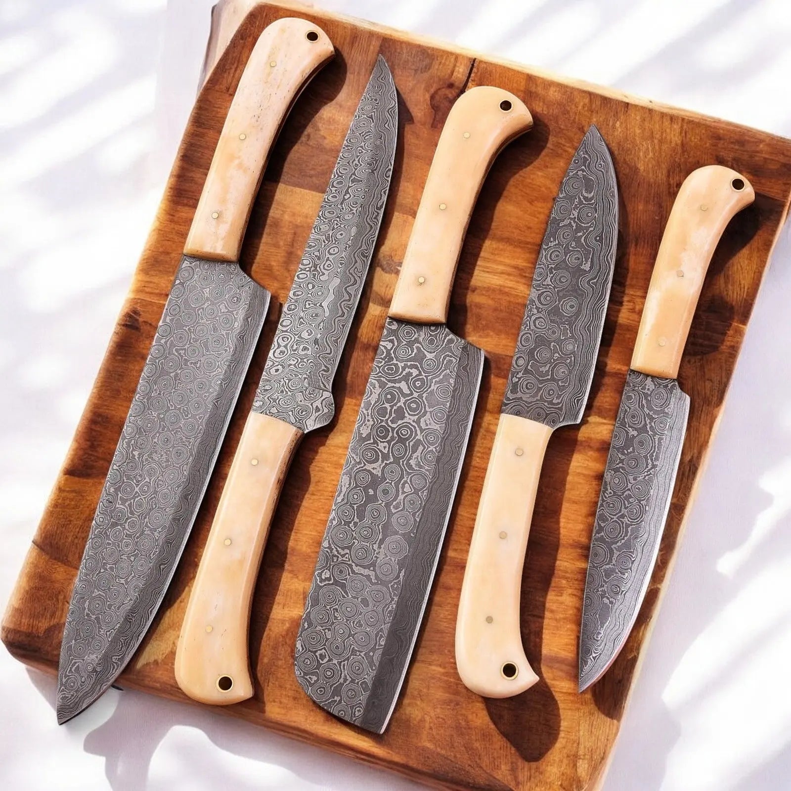 Handmade Damascus Kitchen Knives Set with Bone Handles by Damascus Knife Store, Southern handmade gift detail photo 3