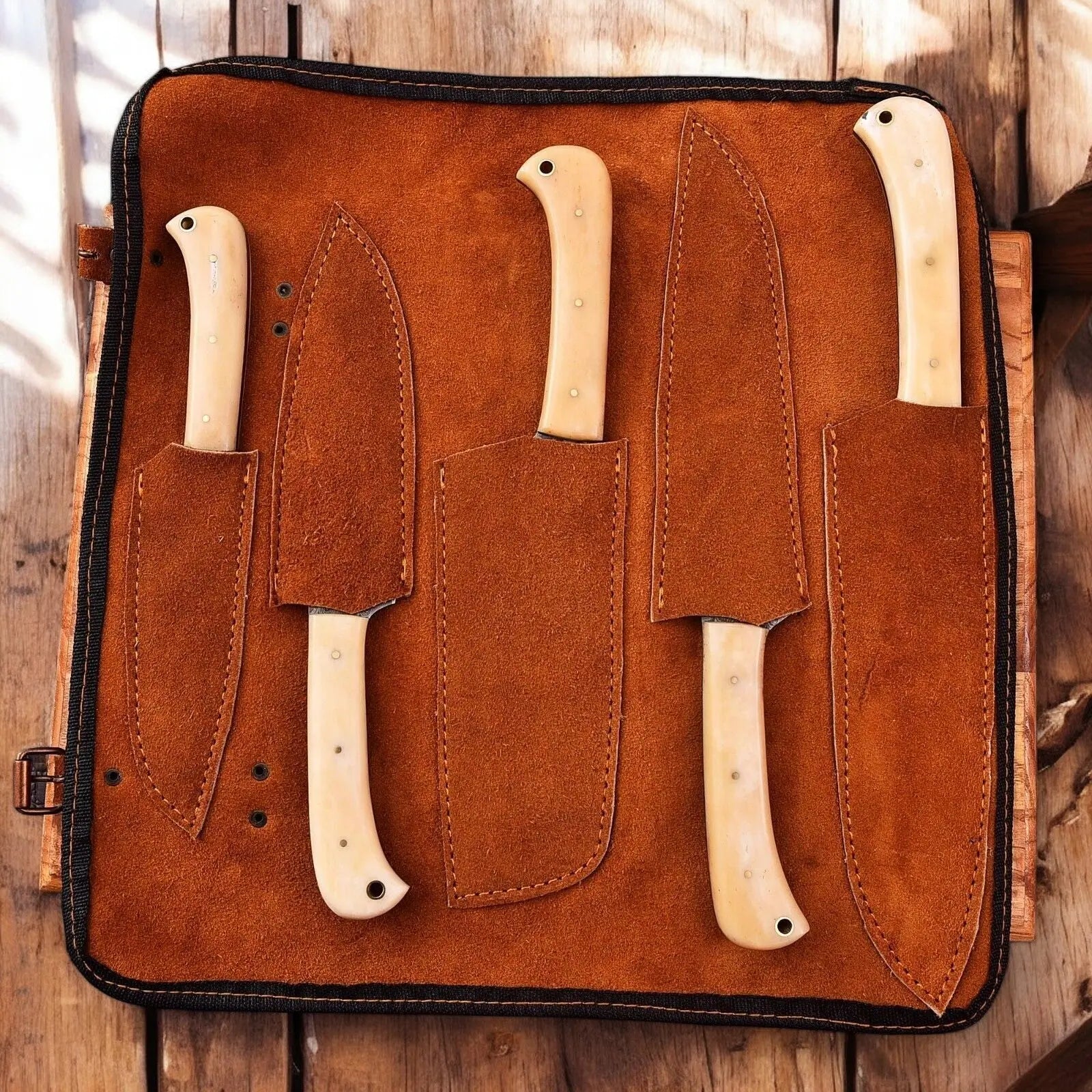 Handmade Damascus Kitchen Knives Set with Bone Handles by Damascus Knife Store, Southern handmade gift detail photo 4