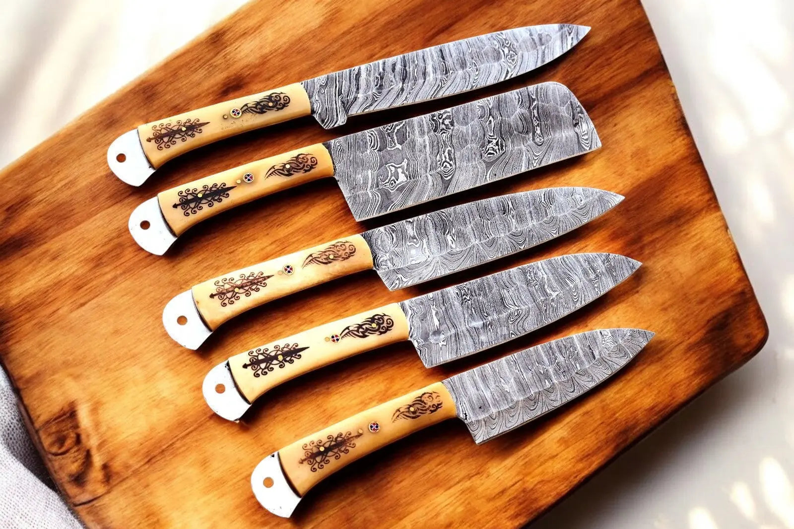 Handmade Damascus Kitchen Knives Set with Engraved Bone by Damascus Knife Store, Southern handmade gift detail photo 2