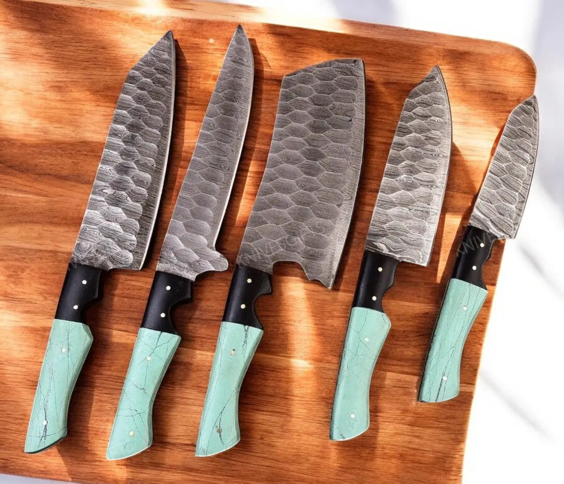 Handmade Damascus Kitchen Knives Set with Epoxy Resin Handle by Damascus Knife Store, Southern handmade gift main product photo