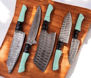 Handmade Damascus Kitchen Knives Set with Epoxy Resin Handle by Damascus Knife Store, Southern handmade gift detail photo 2