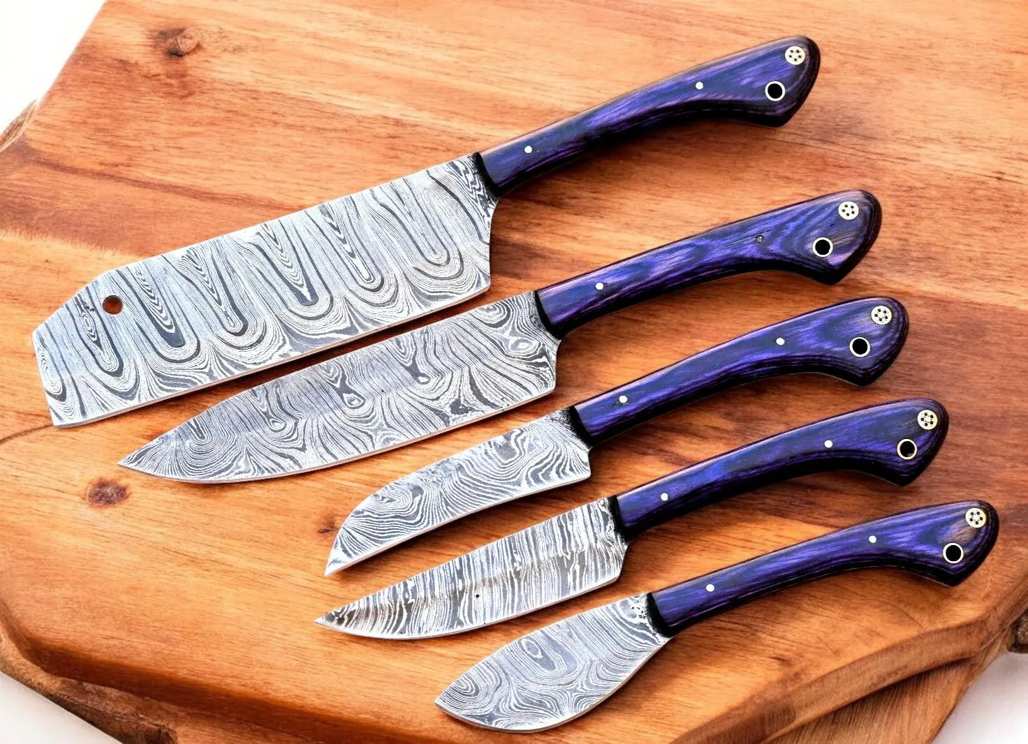 Handmade Damascus Kitchen Knives Set with Exotic Wood Handles by Damascus Knife Store, Southern handmade gift main product photo