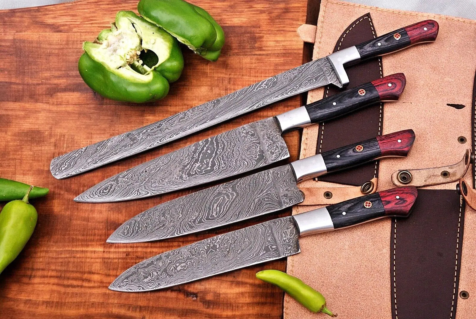 Handmade Damascus Kitchen Knives Set with Exotic Wood Handles by Damascus Knife Store, Southern handmade gift detail photo 2