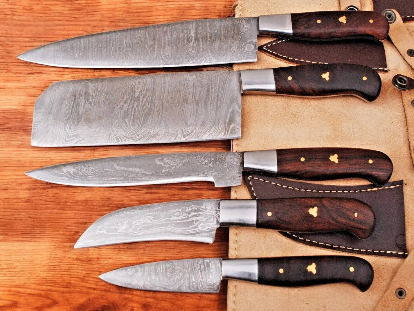 Handmade Damascus Kitchen Knives Set with Leather Roll by Damascus Knife Store, Southern handmade gift main product photo