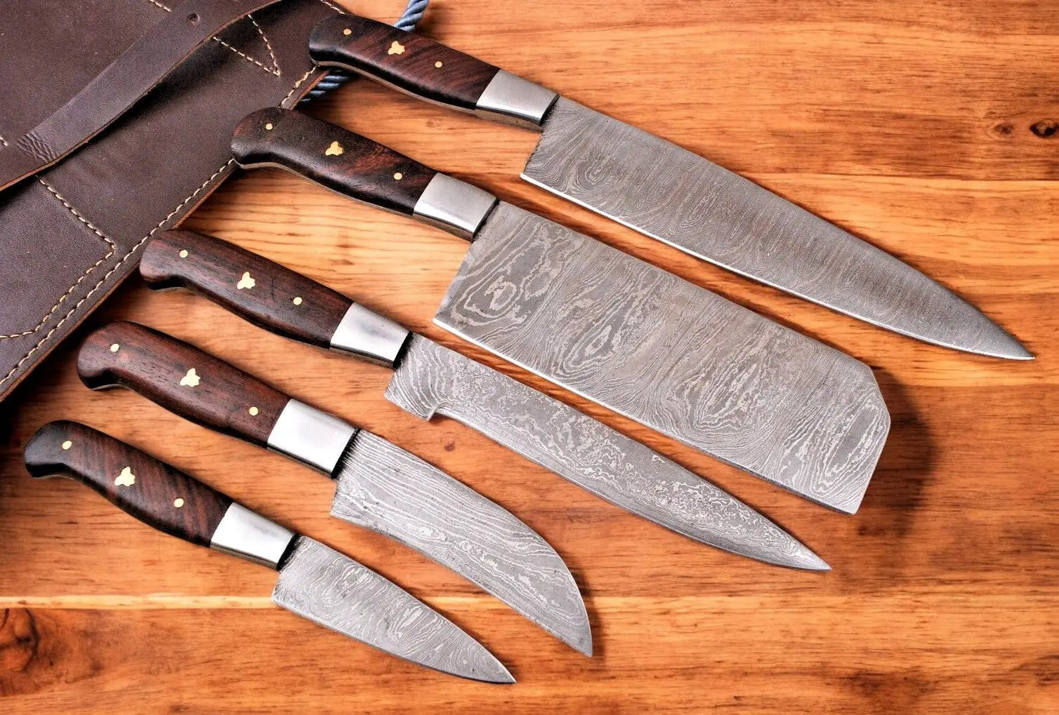 Handmade Damascus Kitchen Knives Set with Leather Roll by Damascus Knife Store, Southern handmade gift detail photo 4