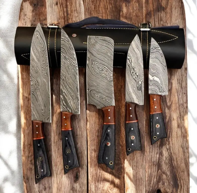 Handmade Damascus Kitchen Knives Set with Leather Roll by Damascus Knife Store, Southern handmade gift main product photo