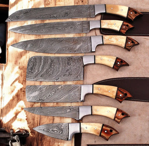 Handmade Damascus Kitchen Knives Set with Leather Roll by Damascus Knife Store, Southern handmade gift main product photo