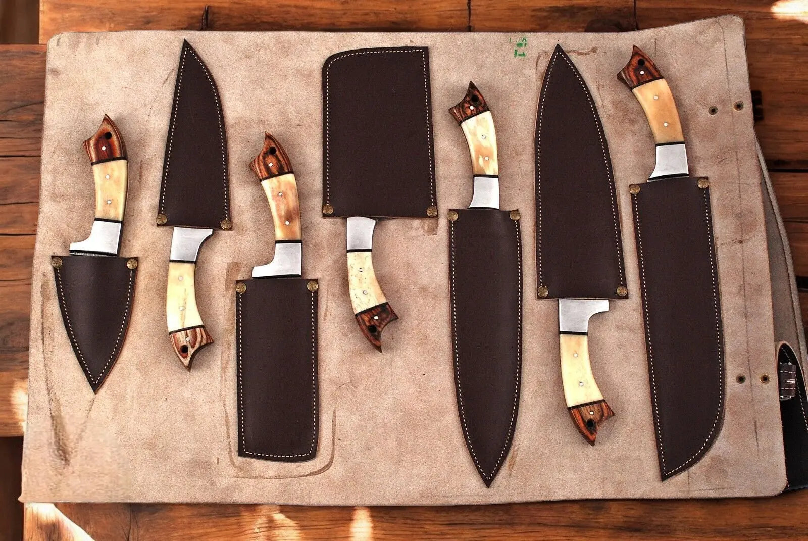 Handmade Damascus Kitchen Knives Set with Leather Roll by Damascus Knife Store, Southern handmade gift detail photo 3