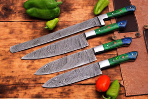 Handmade Damascus Kitchen Knives Set with Leather Roll by Damascus Knife Store, Southern handmade gift main product photo