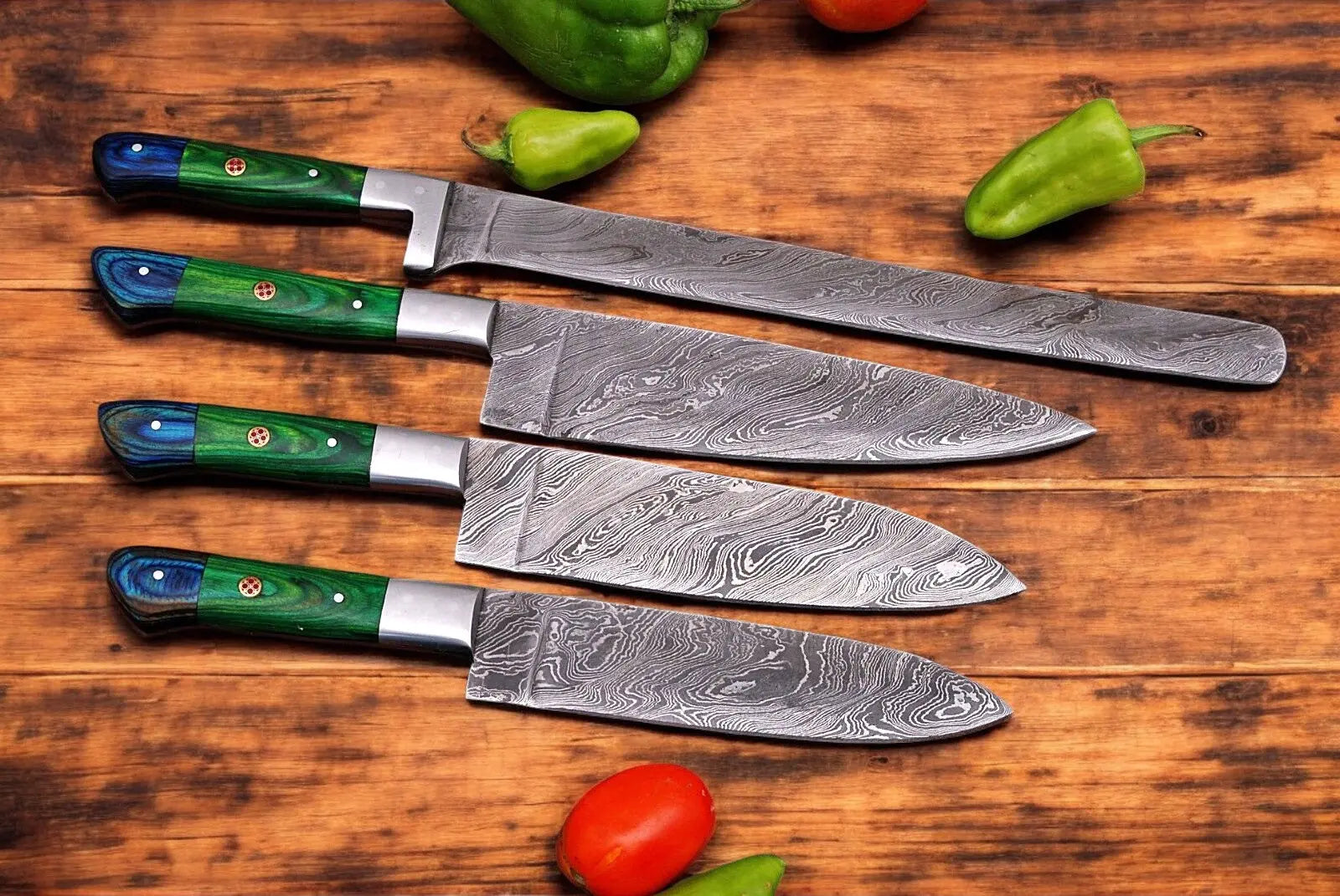 Handmade Damascus Kitchen Knives Set with Leather Roll by Damascus Knife Store, Southern handmade gift detail photo 2