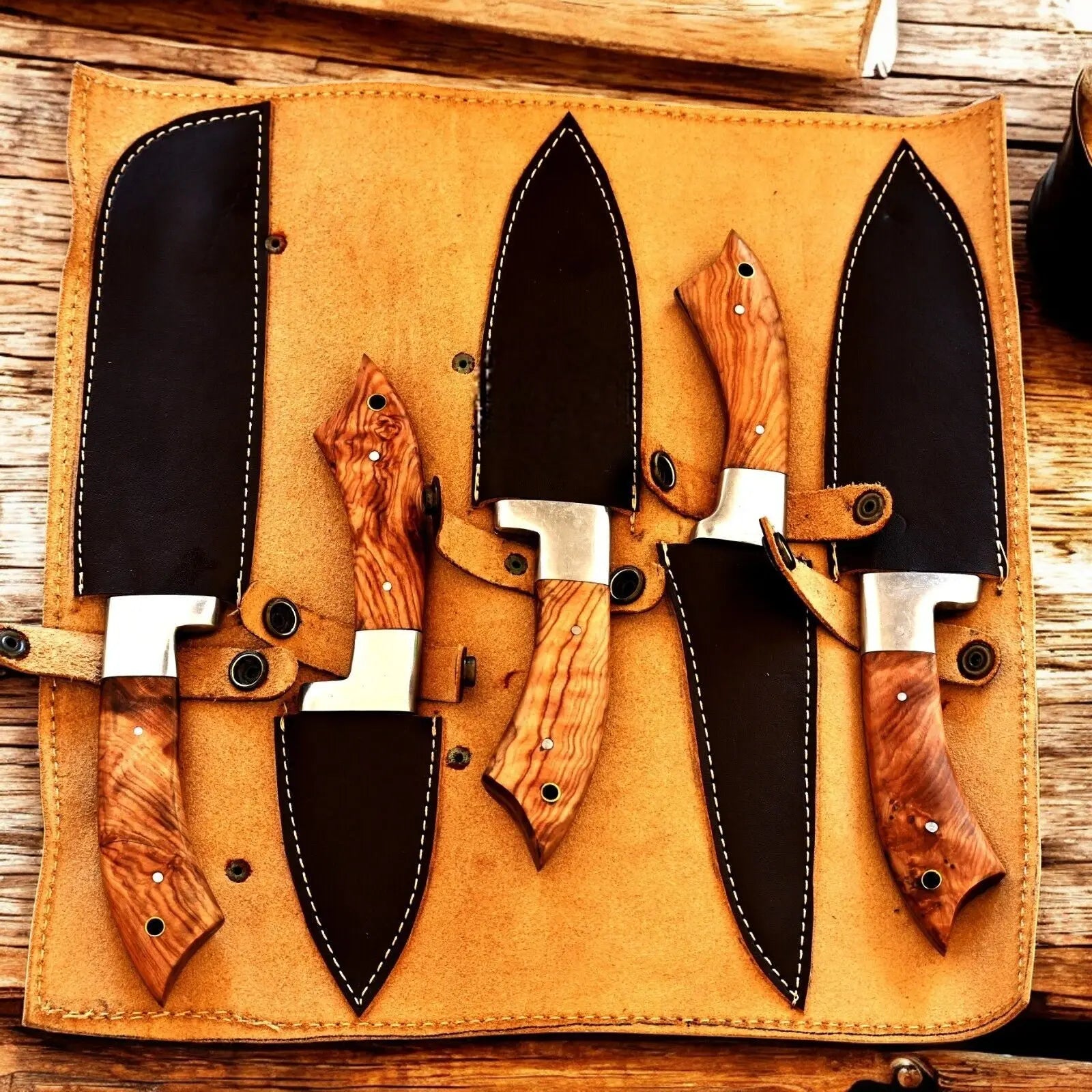 Handmade Damascus Kitchen Knives Set with Olivewood Handle by Damascus Knife Store, Southern handmade gift detail photo 2