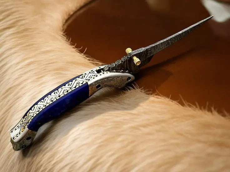Handmade Damascus Pocket Knife – Blue Wood Handle by Damascus Knife Store, Damascus knife detail photo 3