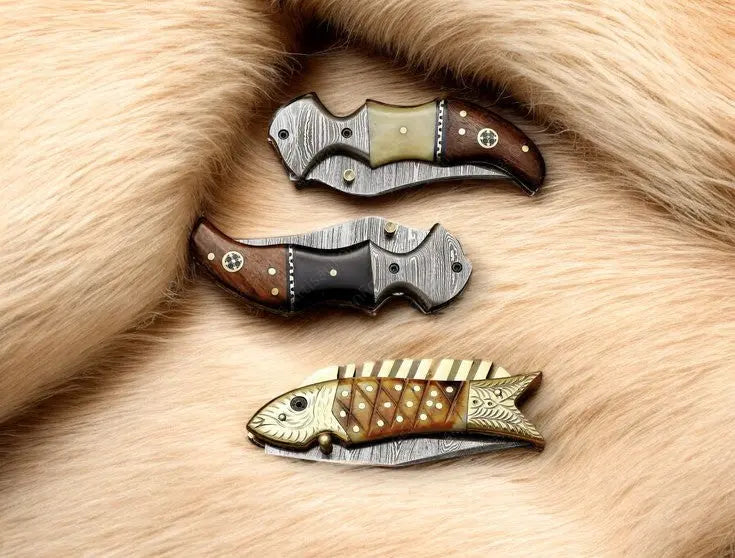 Handmade Damascus Pocket Knife – Bone Handle & Brass Engraving by Damascus Knife Store, Damascus knife main product photo
