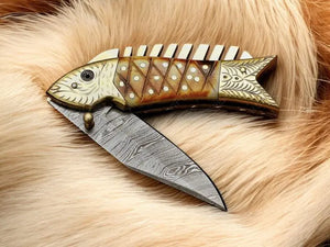 Handmade Damascus Pocket Knife – Bone Handle & Brass Engraving by Damascus Knife Store, Damascus knife detail photo 2