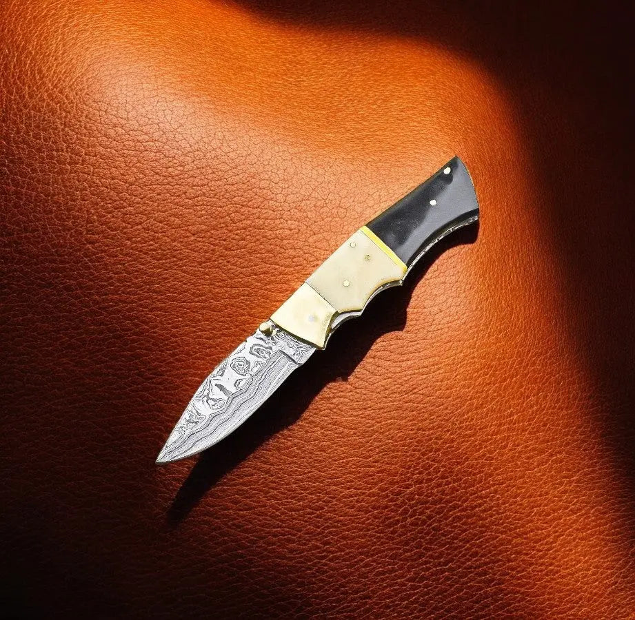 Handmade Damascus Pocket Knife | Bone & Buffalo Horn Handle by Damascus Knife Store, Damascus knife main product photo