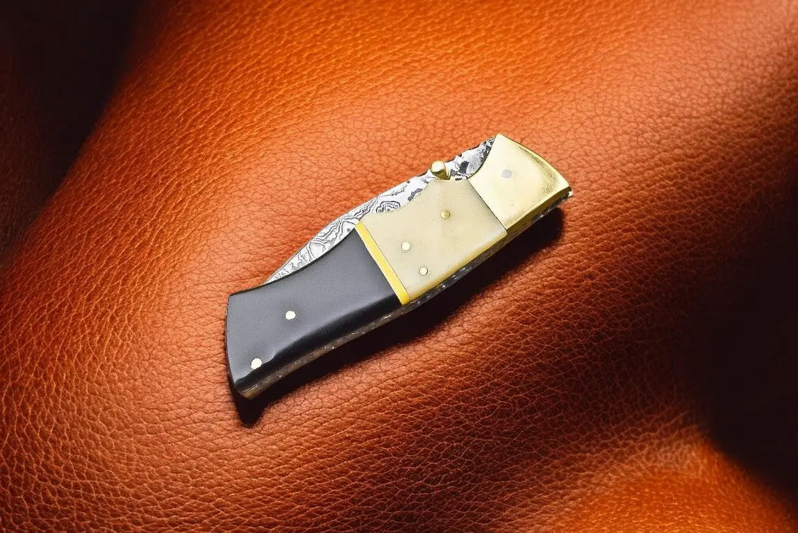 Handmade Damascus Pocket Knife | Bone & Buffalo Horn Handle by Damascus Knife Store, Damascus knife detail photo 2