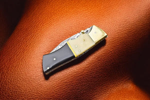 Handmade Damascus Pocket Knife | Bone & Buffalo Horn Handle by Damascus Knife Store, Damascus knife detail photo 2