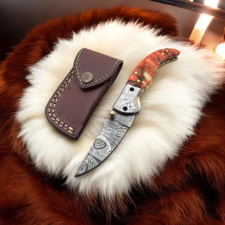 Handmade Damascus Pocket Knife – Epoxy Resin Handle by Damascus Knife Store, Damascus knife detail photo 3