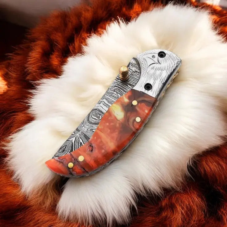Handmade Damascus Pocket Knife – Epoxy Resin Handle by Damascus Knife Store, Damascus knife detail photo 4