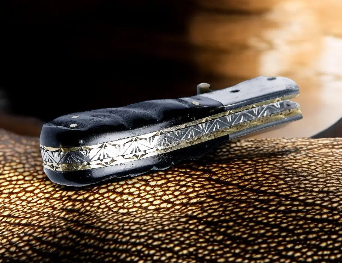 Handmade Damascus Pocket Knife – Sheep Horn Handle by Damascus Knife Store, Damascus knife detail photo 4