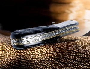 Handmade Damascus Pocket Knife – Sheep Horn Handle by Damascus Knife Store, Damascus knife detail photo 4