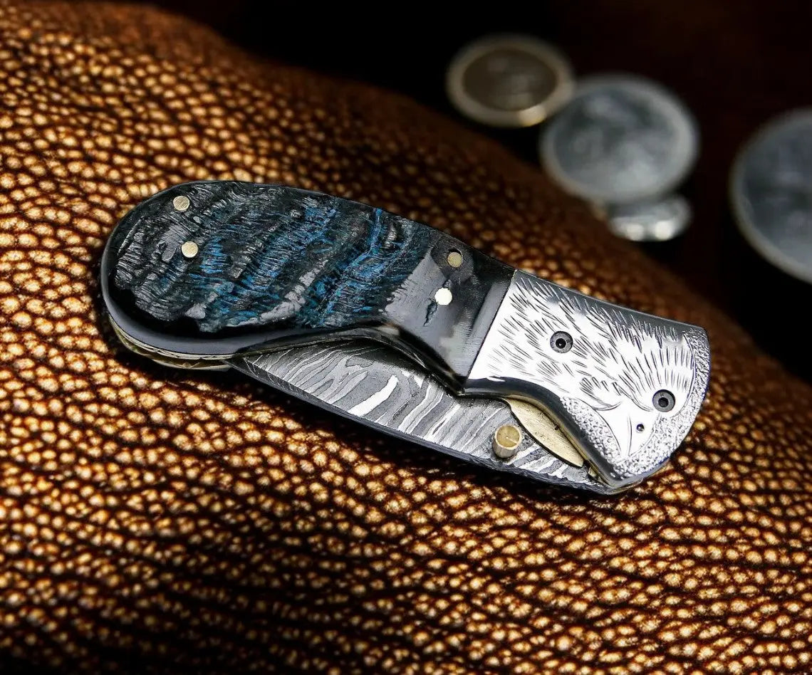 Handmade Damascus Pocket Knife – Sheep Horn Handle by Damascus Knife Store, Damascus knife detail photo 5