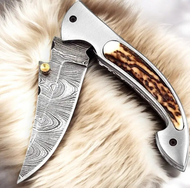 Handmade Damascus Pocket Knife – Stag Horn Handle, 3” by Damascus Knife Store, Damascus knife detail photo 3