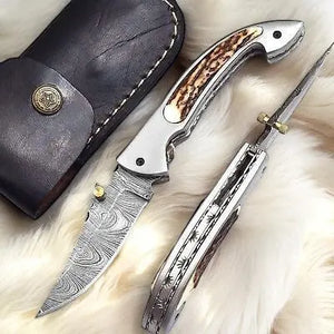 Handmade Damascus Pocket Knife – Stag Horn Handle, 3” by Damascus Knife Store, Damascus knife detail photo 5