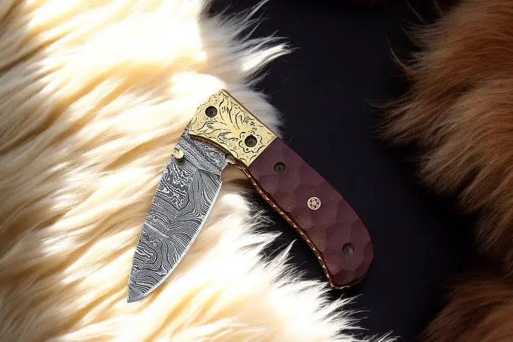 Handmade Damascus Pocket Knife with Micarta Handle by Damascus Knife Store, Damascus knife main product photo