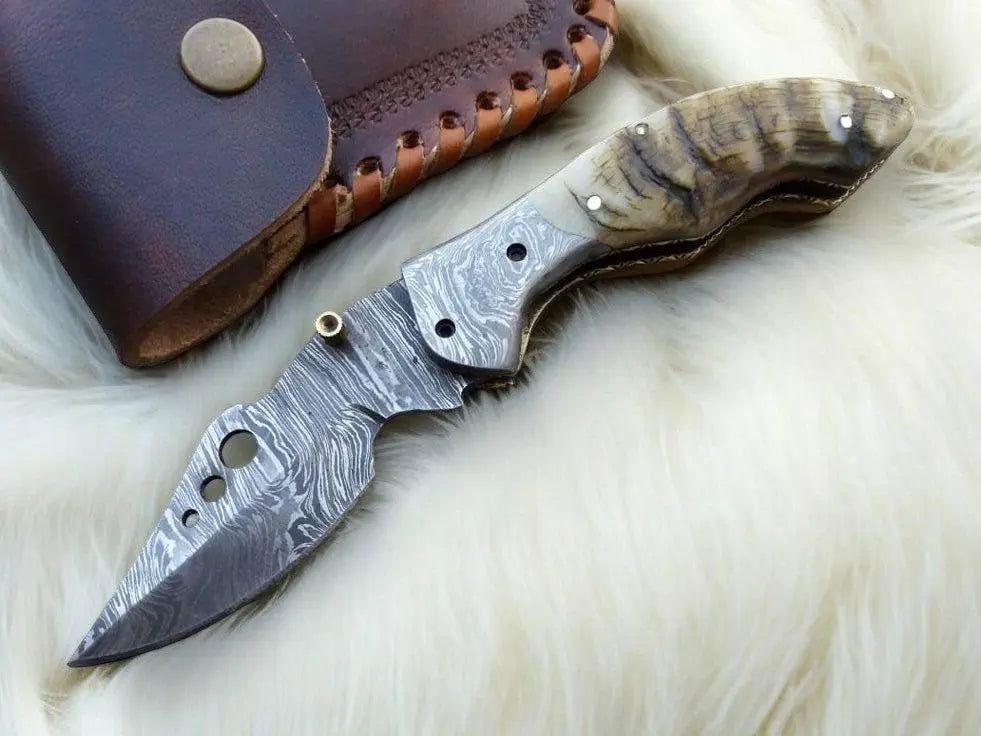 Handmade Damascus Pocket Knife with Sheep Horn Handle by Damascus Knife Store, Damascus knife main product photo