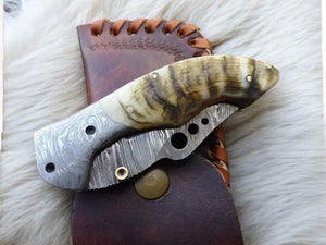 Handmade Damascus Pocket Knife with Sheep Horn Handle by Damascus Knife Store, Damascus knife detail photo 2