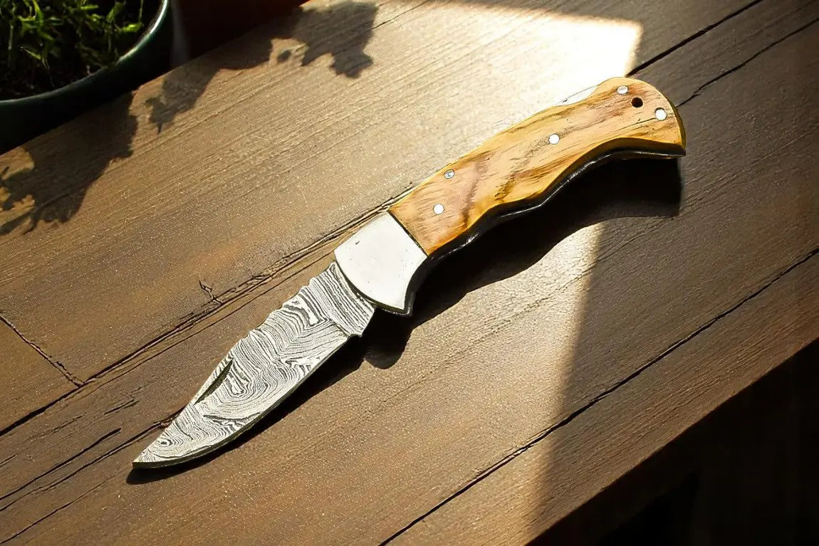 Handmade Damascus Pocket Knife with Walnut Wood Handle by Damascus Knife Store, Damascus knife main product photo