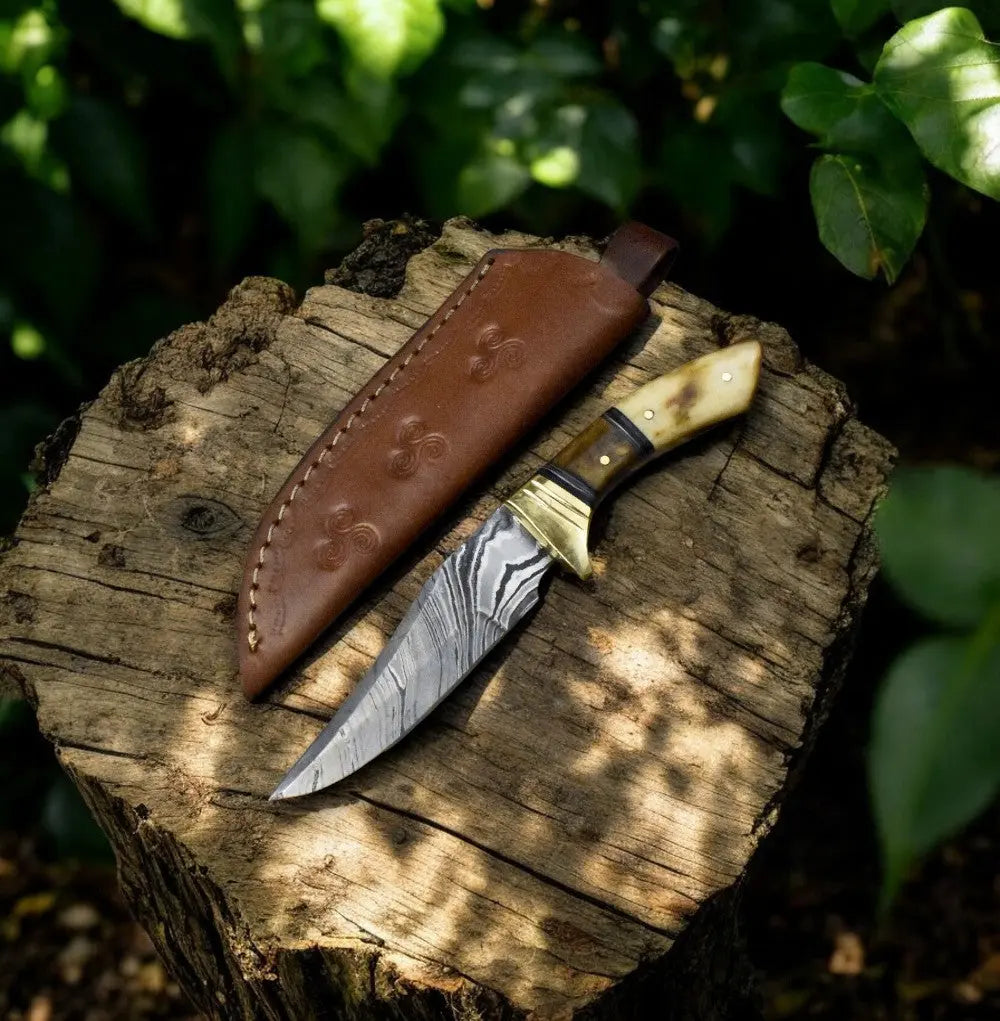 Handmade Damascus Skinning Knife with Bone & Rosewood Handle by Damascus Knife Store, Damascus knife main product photo