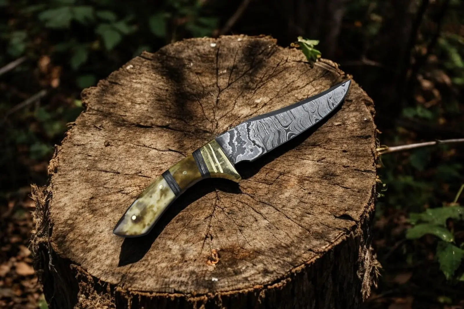 Handmade Damascus Skinning Knife with Bone & Rosewood Handle by Damascus Knife Store, Damascus knife detail photo 2