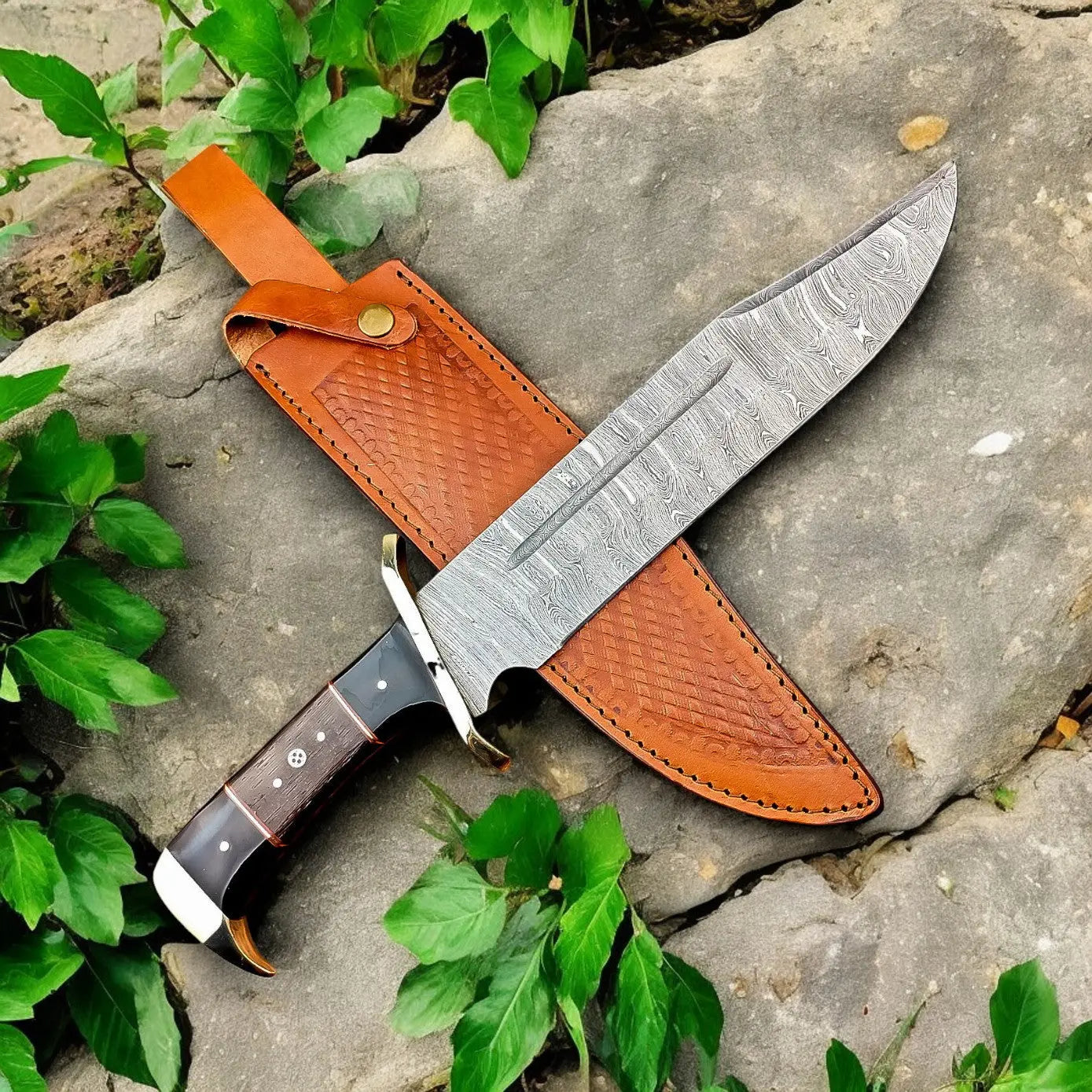 Handmade Damascus Steel Bowie Knife - 16" Rosewood & Buffalo Horn by Damascus Knife Store, Damascus knife main product photo