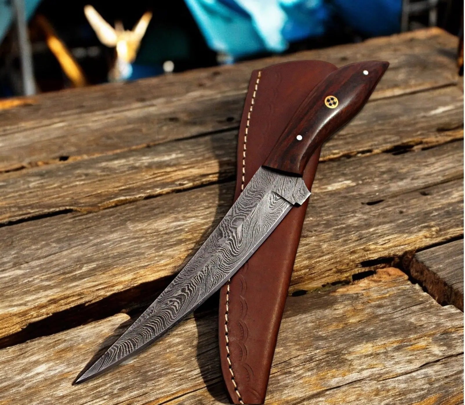 Handmade Damascus Steel Fillet Knife with Rosewood Handle by Damascus Knife Store, Damascus knife main product photo