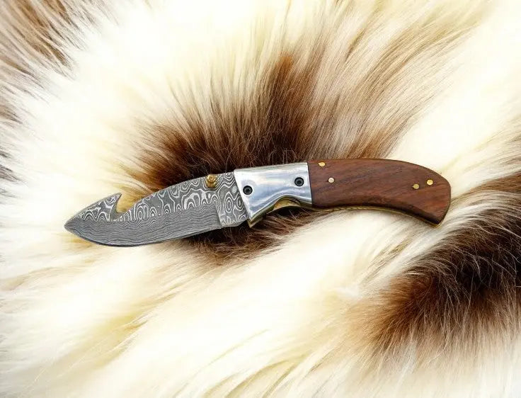Handmade Damascus Steel Folding Knife with Rosewood Handle by Damascus Knife Store, Damascus knife detail photo 5
