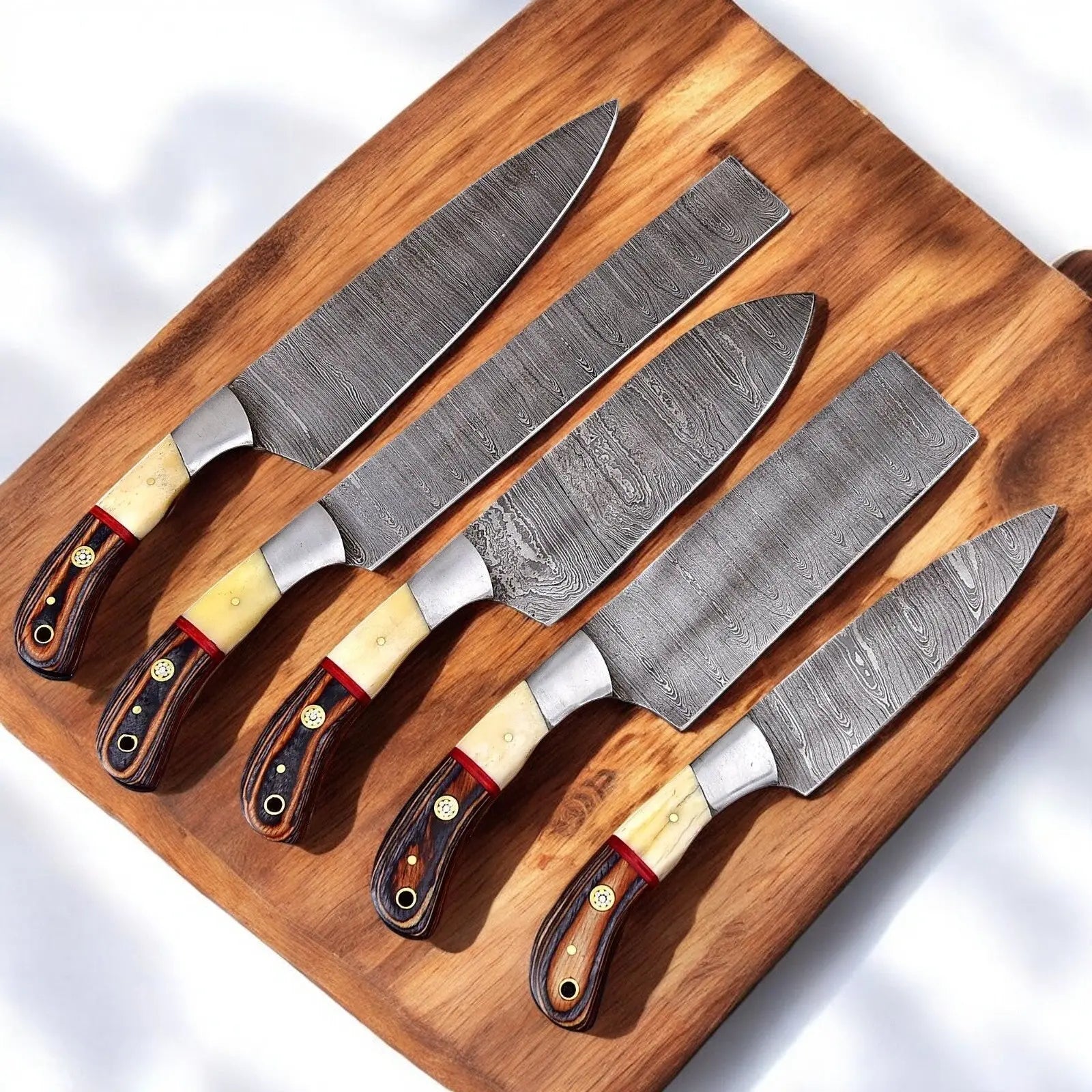 Handmade Damascus Steel Kitchen Knives Set with Leather Roll by Damascus Knife Store, Southern lifestyle apparel main product photo