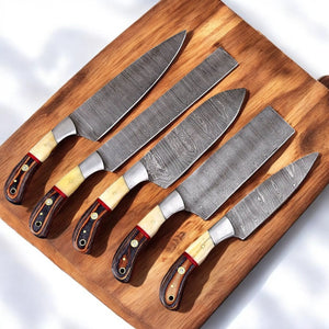Handmade Damascus Steel Kitchen Knives Set with Leather Roll by Damascus Knife Store, Southern lifestyle apparel main product photo