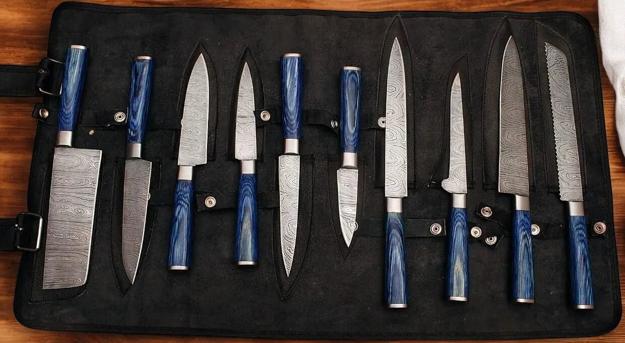 Handmade Damascus Steel Kitchen Knives Set with Leather Roll by Damascus Knife Store, Southern lifestyle apparel detail photo 2